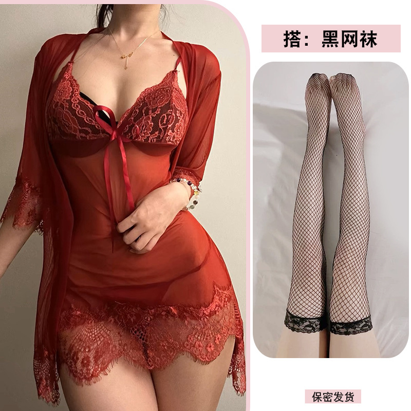 레드 + 블랙 망사 스타킹