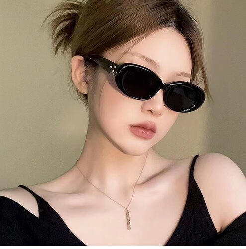 Vintage European and American Elliptical Sunglasses for Women, Ins  New Korean Version, Trendy Hong Kong Style Cat-Eye Sunglasses for Internet Celebrities and Street Photos