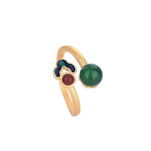 Internet celebrity live broadcast with goods source ancient gold ethnic style enamel burnt blue cloisonné women's open chalcedony ring