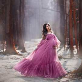 欧美网纱一字肩公主风婚纱礼服泡泡袖彩色孕妈咪拍照服装裙批发女