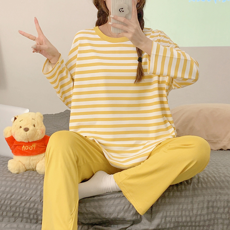 (2개) 줄무늬 잠옷 여성의 봄과 가을 얇은 둥근 목 긴팔 바지 한국식 느슨한 학생 가정 옷 세트