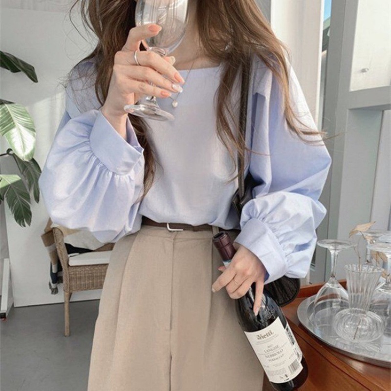 衬衫女韩版简约气质喇叭袖衬衣法款方领宽松纯色内_3
