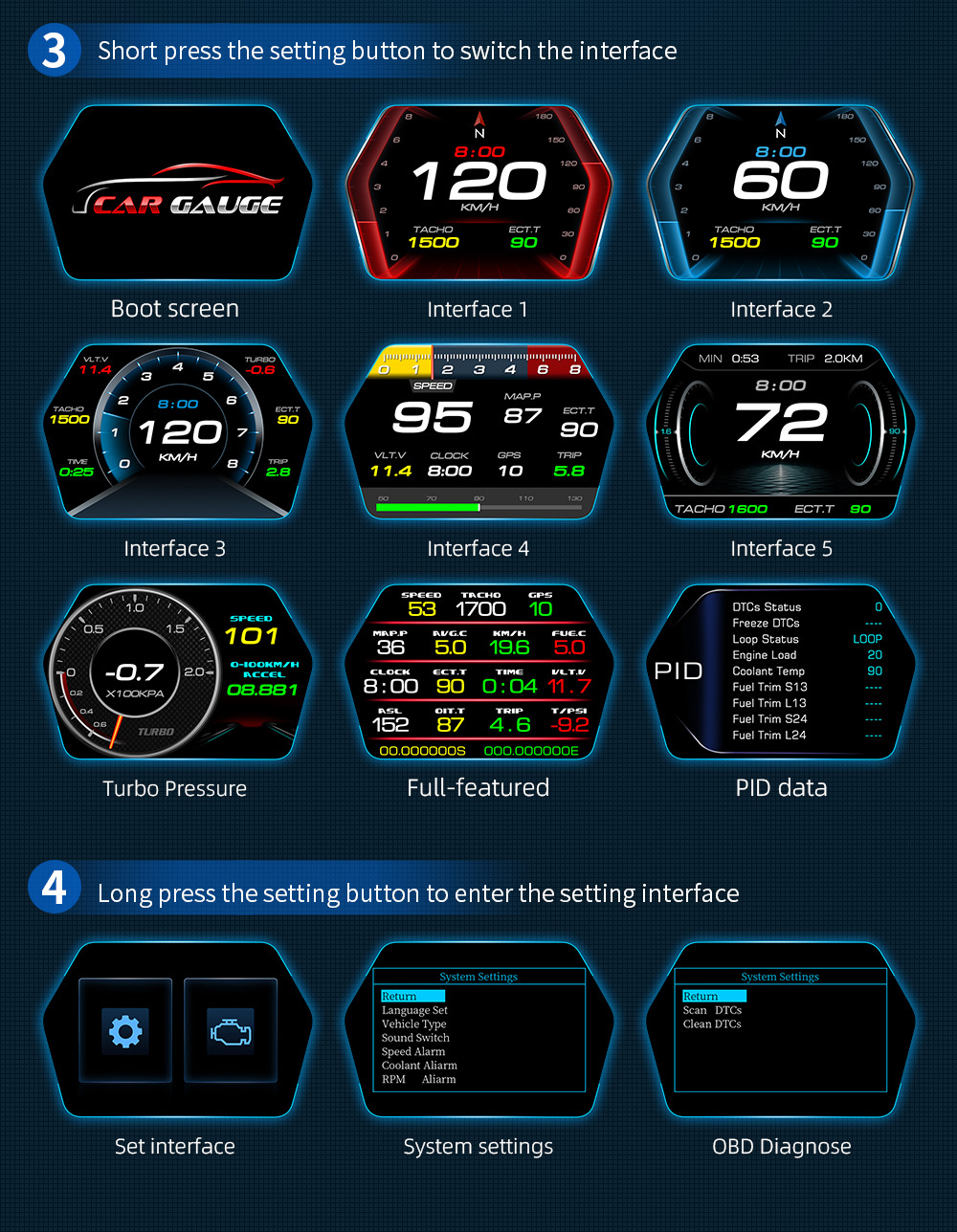Cross-border HUD Head-Up Display OBD+GPS Car LCD Speedometer RPM Fuel Consumption Water Temperature Multi-Function Dashboard
