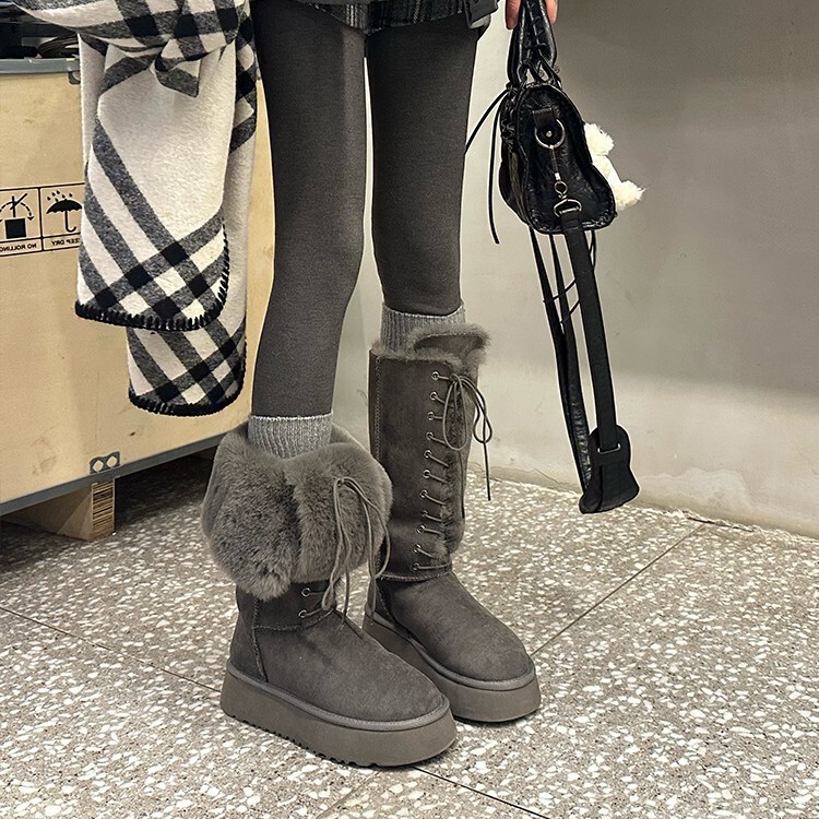 灰色厚底雪地靴女2025新冬季系带两穿长筒靴加绒加厚东北保暖棉鞋|undefined