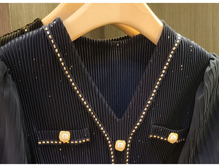 Váy maxi nữ cổ chữ V tay lồng lưới sequin xếp ly thắt eo — Màu đen, Màu xanh đậm chi tiết 17