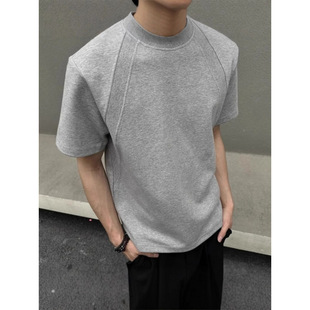 Gray Cleanfit Spliced ​​Right Shoulder Short-Sleeved Men's Summer Small Neckline Half-Sleeved American High Street Heavy T-Shirt