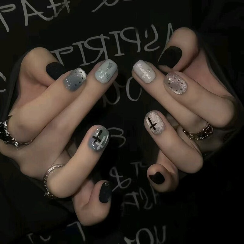 Short square press-on nails with cross and rainbow smiley face designs, offering a sophisticated dark aesthetic and niche design, beautiful fake nail patches Short square press-on nails with cross and rainbow smiley face designs, offering a sophisticated dark aesthetic and niche design, beautiful fake nail patches