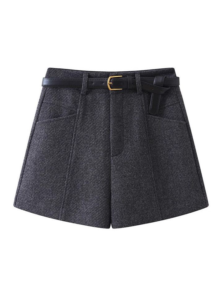 Quần short len cạp cao nữ dáng thẳng, phong cách thời thượng — Màu xám đậm (len nâng cấp), Màu đen (len nâng cấp)
