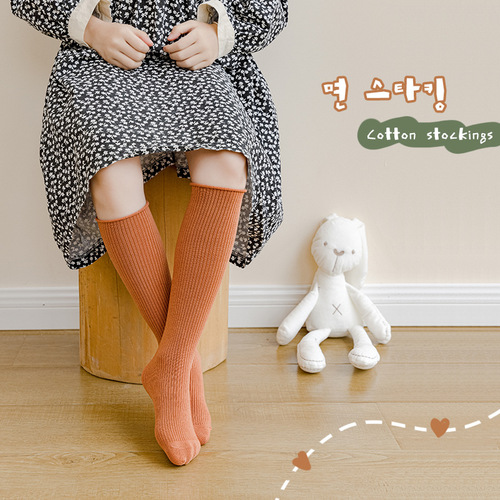 24 spring and summer solid color forest cotton girls' over-the-knee socks vertical strip pile socks Korean style calf socks children's socks wholesale