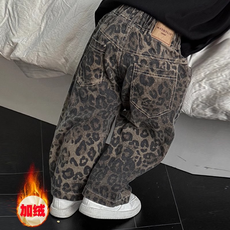 韓国スタイルの男の子と女の子のヒョウ柄パンツ、秋と冬の子供用のゆったりとしたレトロなワイドレッグパンツ、子供と赤ちゃんのためのファッショナブルなカジュアルパンツ