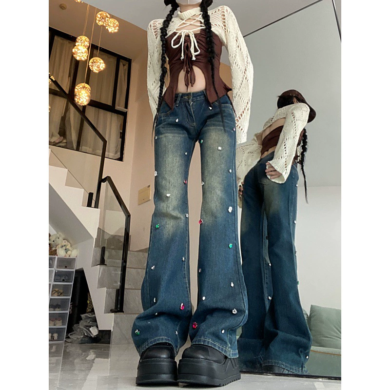 Реже цена! Цветные бриллианты слегка прижатые джинсы нишевые оригинальные дизайнерские горячие девушки прямые брюки модные повседневные широкие