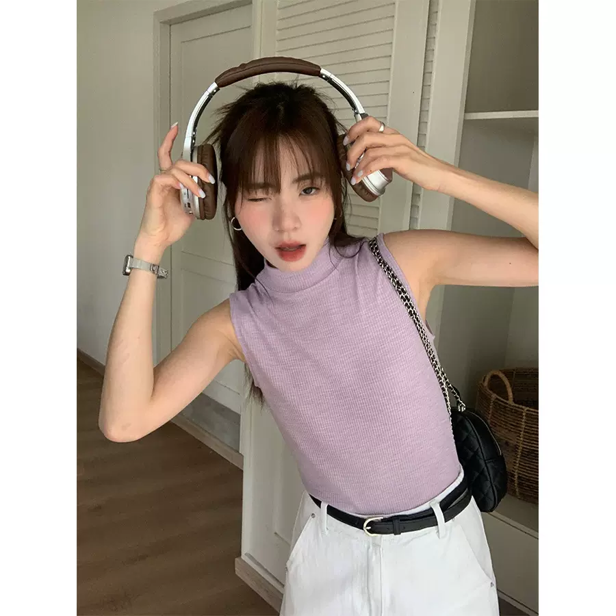 广州黄峥韩系半高领纯色无袖背心女2025春夏打底衫T恤女141TH098