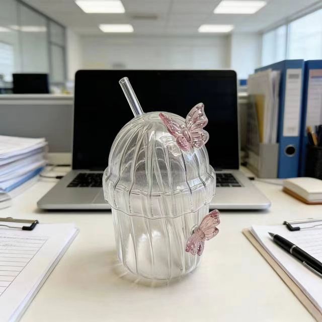 蝴蝶BOBO吸管杯带盖高硼硅玻璃杯耐高温牛奶杯咖啡杯家用喝水杯子