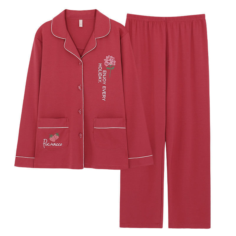 Pijamas de algodón puro primavera y otoño de las mujeres de manga larga más el tamaño cardigan traje de las madres de mediana edad y ancianos ropa de casa al aire libre