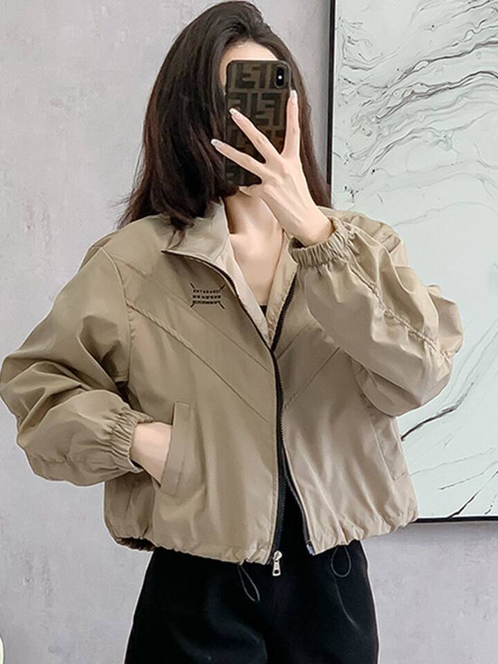 Áo khoác nữ dáng ngắn chiết eo cổ đứng khóa kéo phong cách casual — Màu lúa mì, Màu trắng ngà, màu đen chi tiết 2