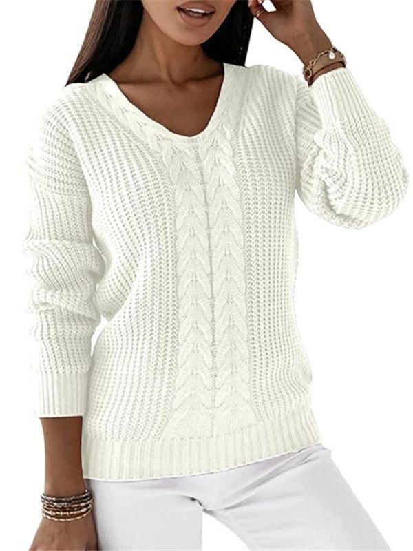 Europa y América Nueva Amazon suéter de las mujeres de manga larga con cuello en V color sólido giro casual Jersey de punto superior image 4