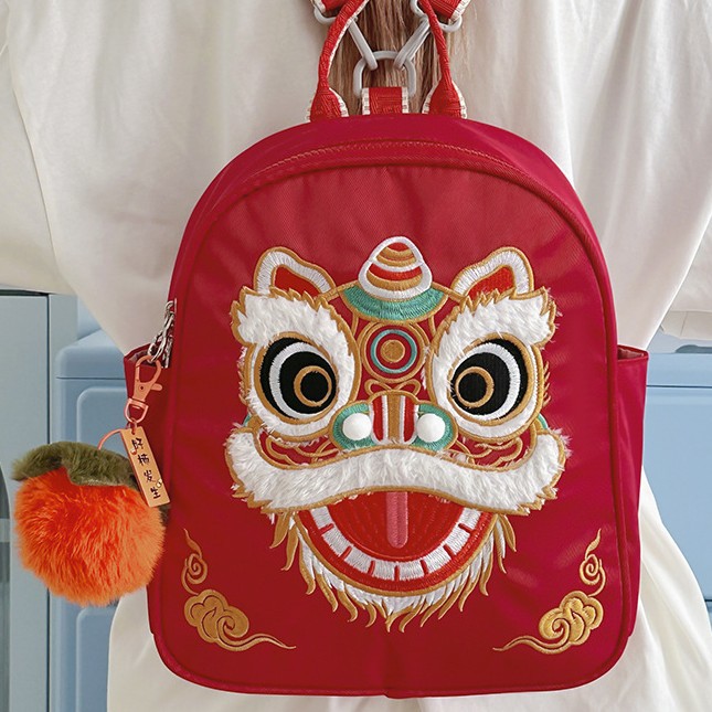 Red Lion Embroidery Children's Mini Backpack, Chinese Style Retro Baby Small Backpack, Hanfu Accessory Bag