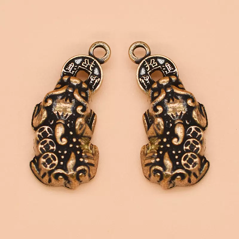 纯黄铜貔貅钥匙扣五帝钱上开盖空心葫芦可装朱砂创意复古挂饰