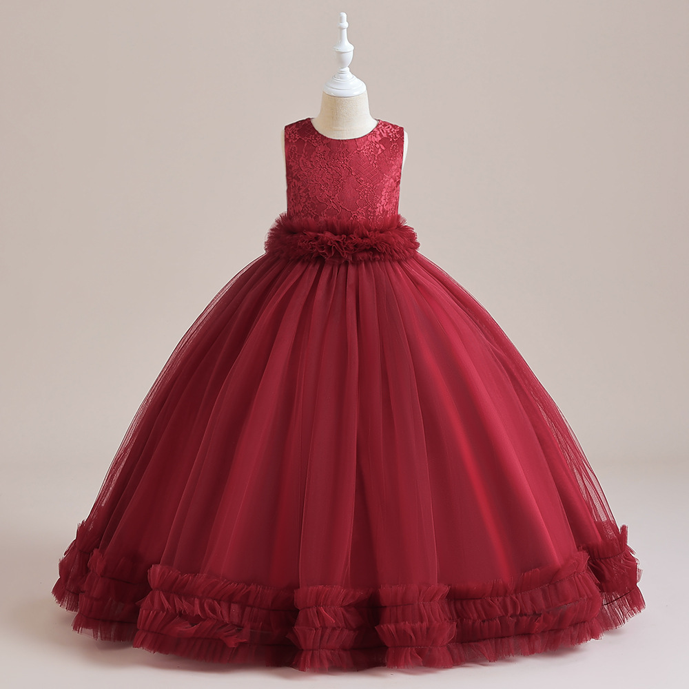 Amazon nuevo vestido de niña de las flores vestido largo vestido de novia de las niñas bordado malla princesa pettiskirt vestido de los niños