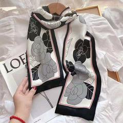Women's Spring/Autumn Versatile Fashion Hair Ties Double Layer Print Camellia Style Suit Scarf Simulated Silk Decorative Collar Scarf