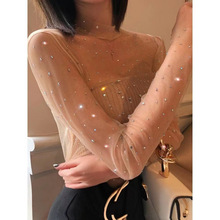 很仙的网红透明蕾丝网纱上衣喷片洋气透视内搭闪闪打底衫女