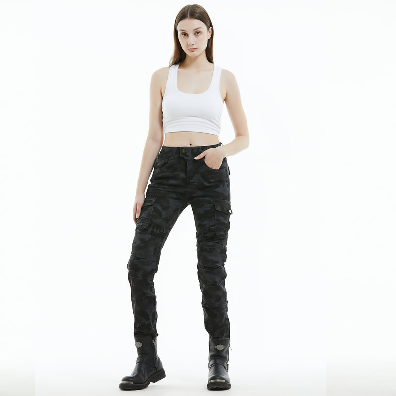 VOLERO pantalones de montar a caballo de la motocicleta Caballero de las mujeres pantalones elásticos anti-caída ocasional de la motocicleta multi-Bolsa de camuflaje azul monos