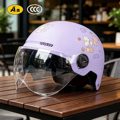 for electric scooters, adult half helmet Motosiklet kaskı (dəbilqə) - matte-double-mirror-model-purple-bread-rabbitsunshade-hidden-inner-mirror12