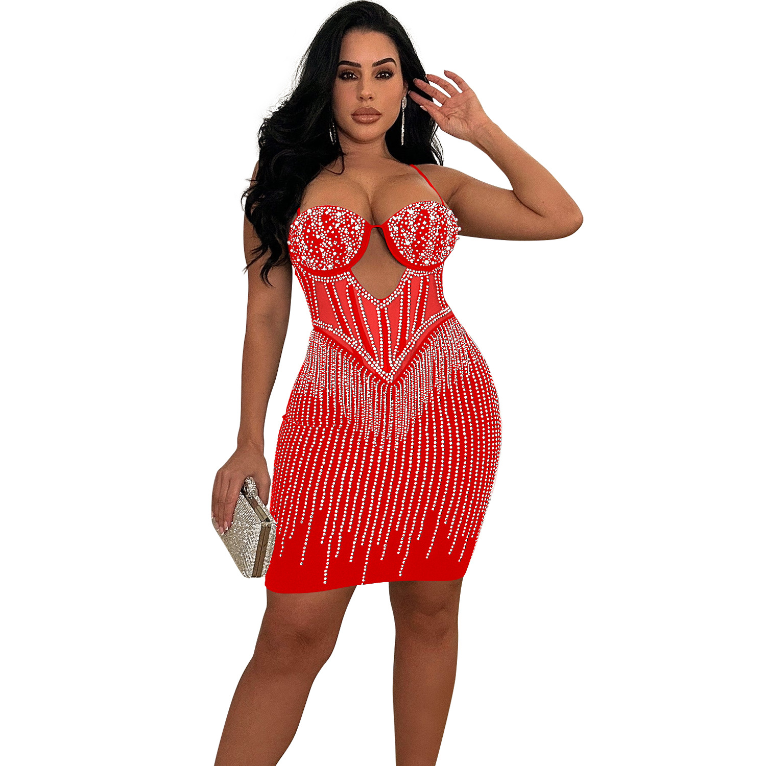 C6753 transfronteriza AliExpress Amazon europeo y americano de las mujeres de moda de color sólido malla rhinestone Correa falda vestido image 10