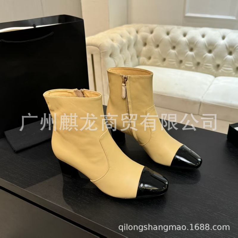 高端2025秋冬小香风真皮拼色复古粗跟高跟侧拉链马丁靴短靴单靴女|undefined