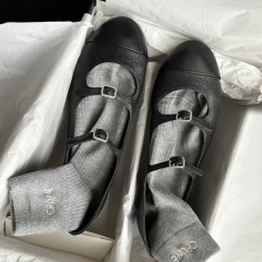 嚴選牛皮版~小香風水鑽一字扣帶真皮單鞋女淺口平底鞋瑪麗珍鞋