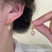 油画粉色花朵耳钉女仙美可爱郁金香长款耳坠设计高级感耳饰批发
