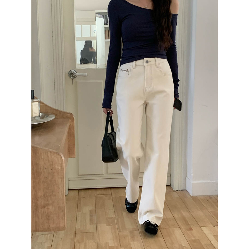 Clothes Heaven Four-sided Elastic Narrow Straight-leg Jeans Women's Old Money White Straight-leg Loose Small Jeans