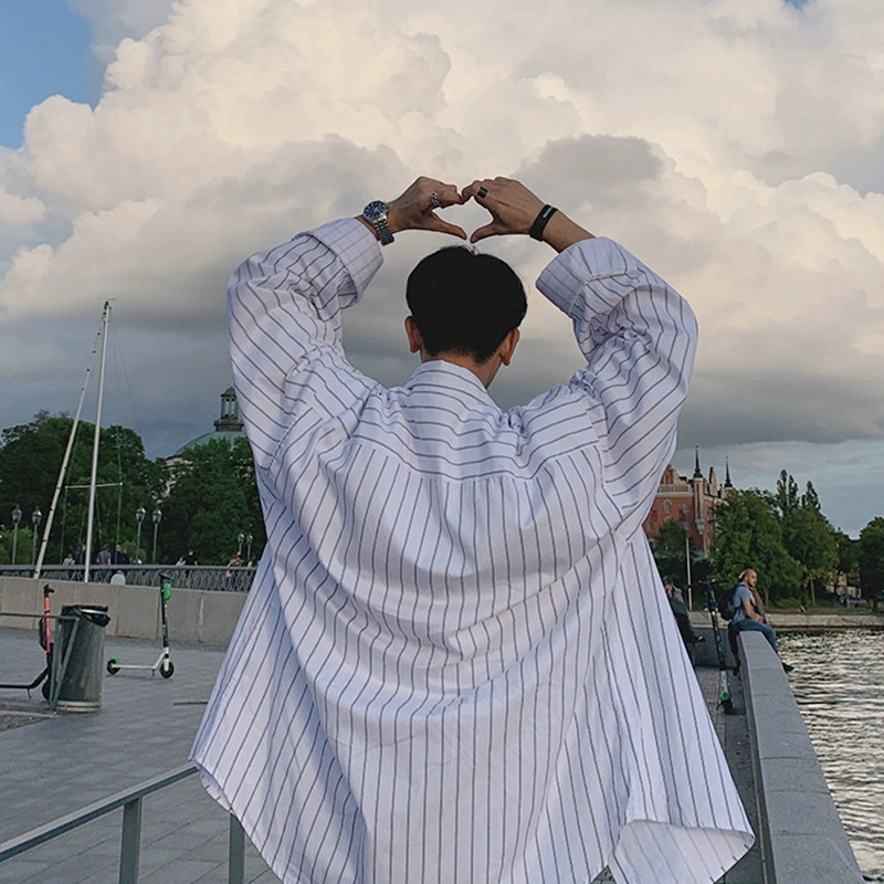 Мужская рубашка в полоску MYQ, модная Осенняя Свободная Повседневная рубашка с длинными рукавами, модная Корейская мужская куртка