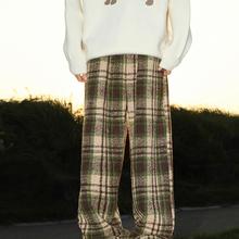 美拉德毛呢格子裤男女秋冬美式直筒休闲裤宽松加绒加厚情侣阔腿裤