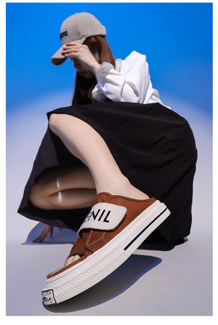 Canvas Slippers For Women Summer Flat Sandals With Velcro Strap_voghion.com
