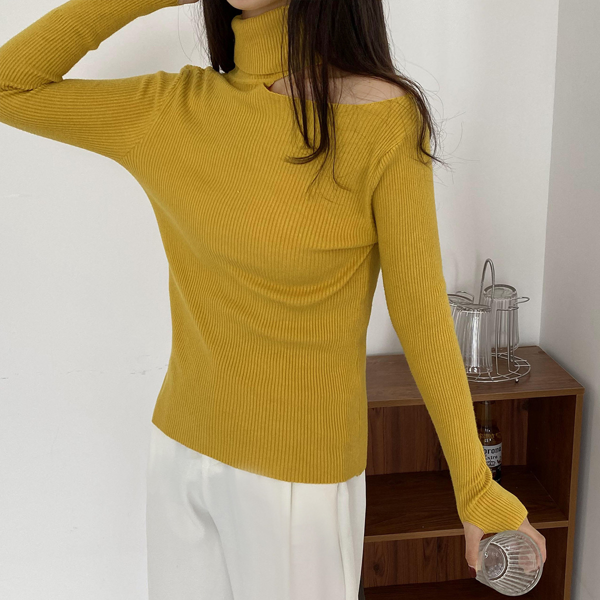 High-Necked Long-Sleeved Hollow Sweater NSFYF85683