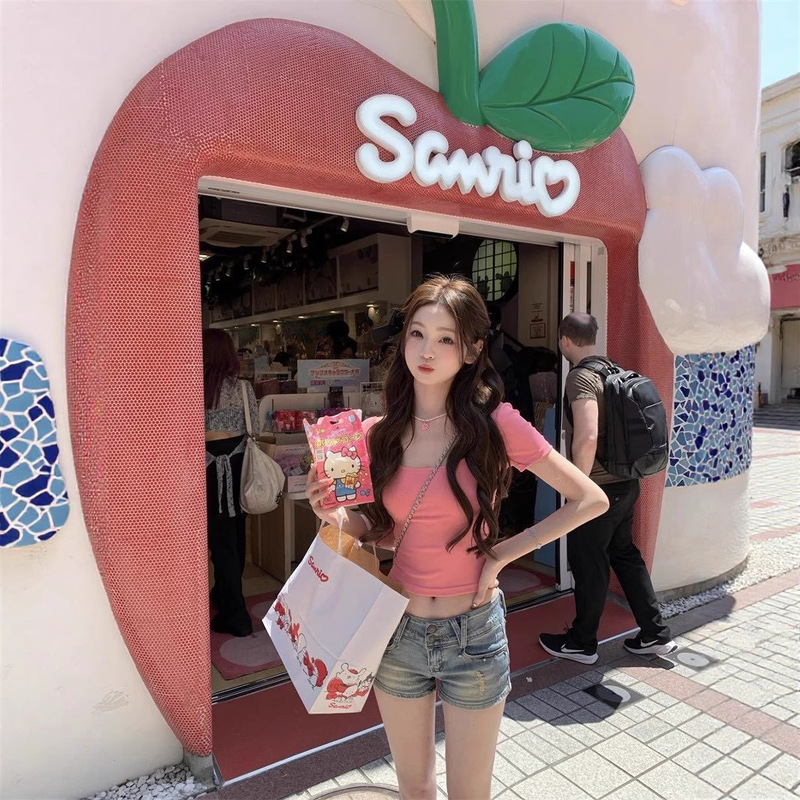 5128 # Summer New Pure Desire Butterfly Cross Hollow Short-Sleeved T-Shirt Women's Slim All-In-One Fixed Chest Pad Versatile