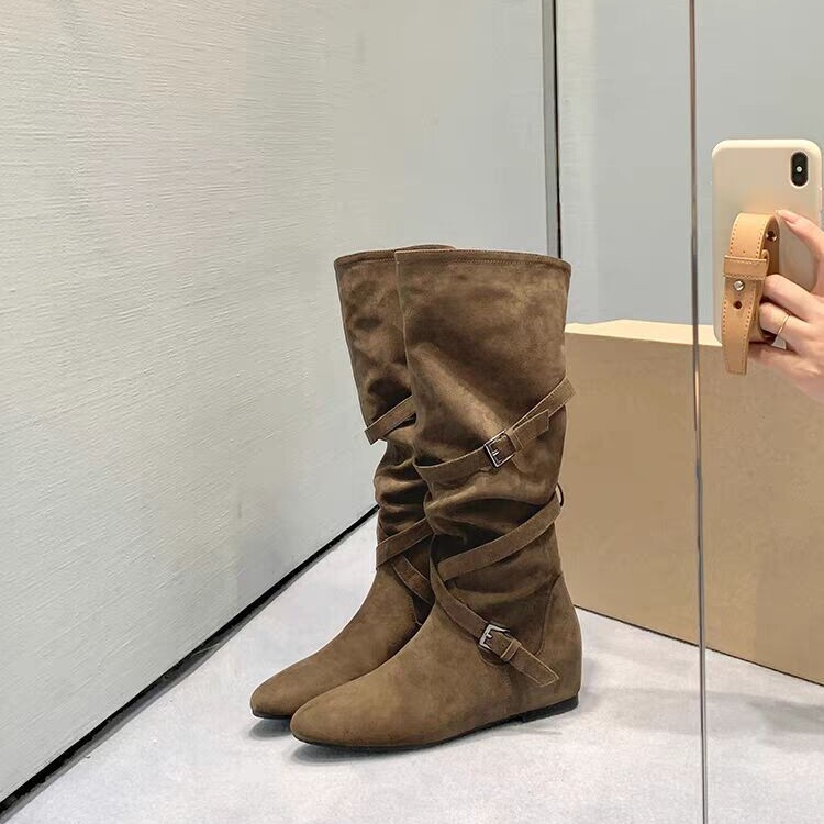 Su Yinyin's Same Style Norwegian Slouch Boots~ Internal Height-Increasing Buckle Strap Mid-Calf Slouch Boots for Women, Western Cowboy Boots for Women