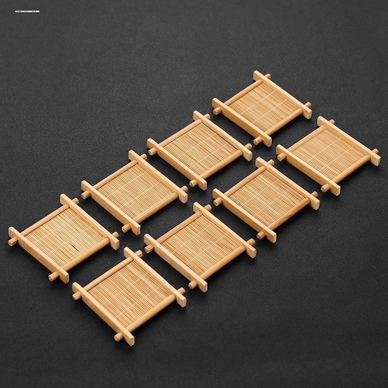 Tea Ceremony Accessories Bamboo Cup Mat Square Well Pattern Tea Cup Tray Gongfu Tea Set Bamboo Tea Coaster Carbonized Tea Mat Heat Insulator