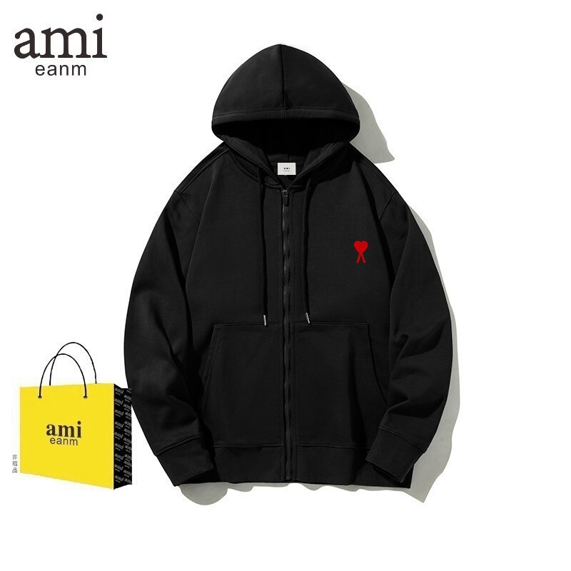 Ami&Eanm Zipper Hooded Cardigan Sweatshirt Men's Trendy Brand Heart Embroider Fashion Sports Sweatshirt Jacket Couple Clothes