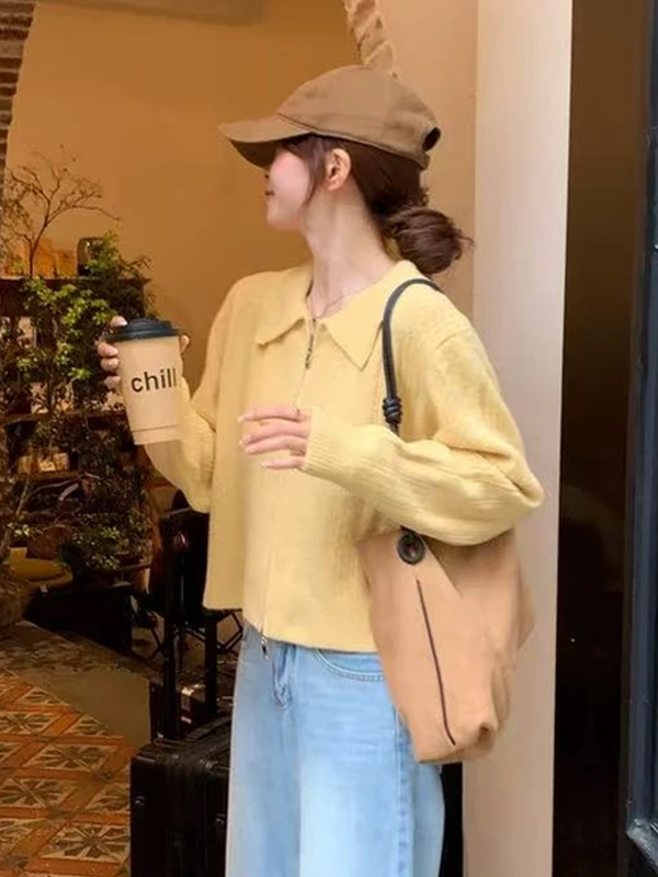 法式黄色翻领长袖毛衣外套女2025早秋新款双拉链设计针织开衫上衣|undefined