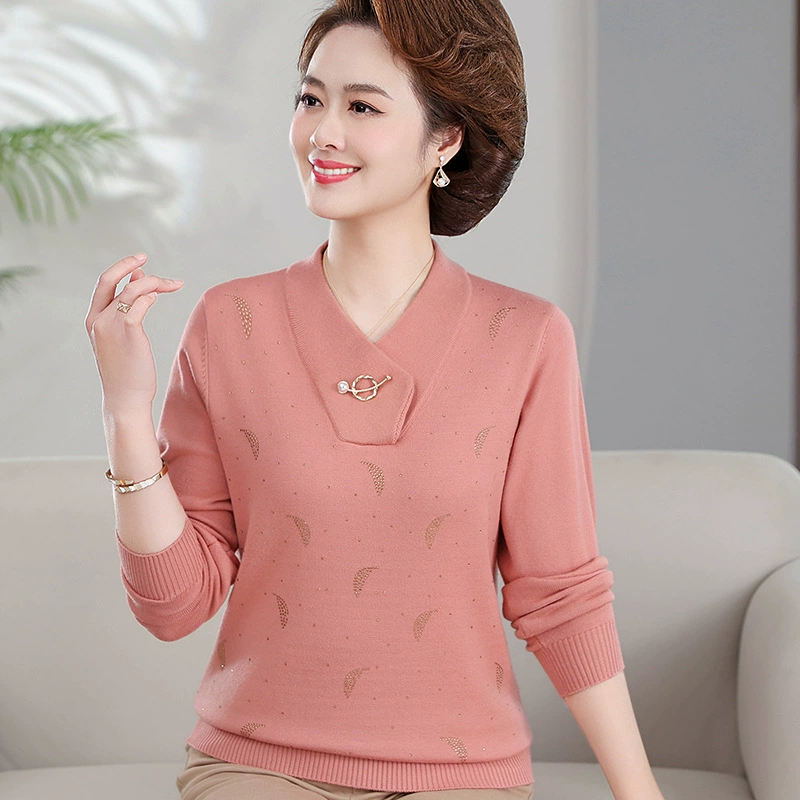Новинка весны 2024, свитер для мам среднего и пожилого возраста, свитер, модная универсальная рубашка с бриллиантовым низом в западном стиле, Женский Топ