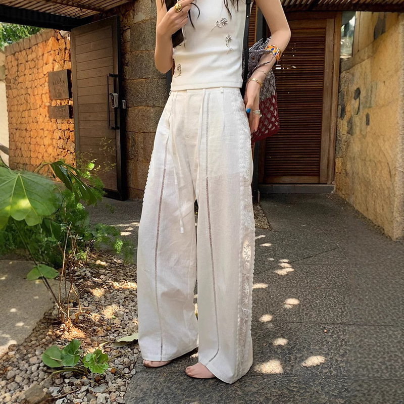 Cotton and Linen Relaxation Hollow-out Lace Stitching All-match Casual Pants Women's Spring and Summer New Straight Elegant Long Pants