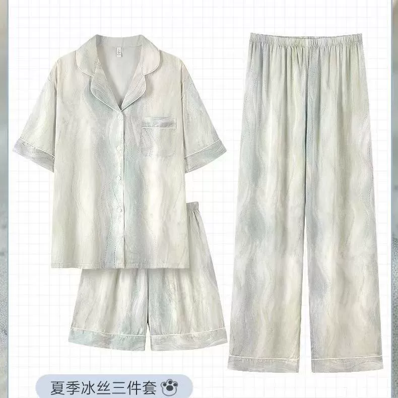 Пижамы из ледяного шелка для женщин, летние общежития, высококачественные большие размеры, домашняя одежда в стиле интернет-знаменитостей, шорты и брюки с короткими рукавами, комплект из трех предметов