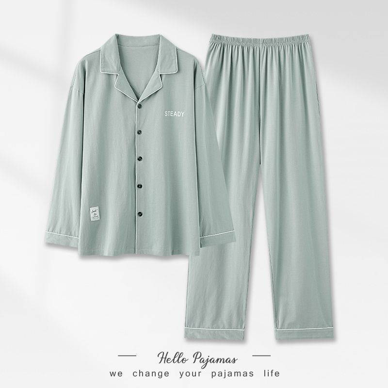 Pijamas de algodón para hombres primavera y otoño delgados de manga larga juveniles simple color sólido ropa de hogar grande