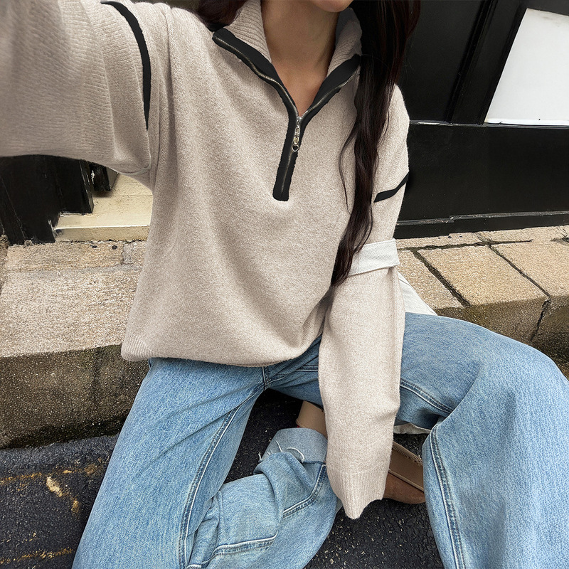 迪芸跨境欧美休闲简约纯色长袖拉链毛衣女装2025秋冬亚马逊独立站|undefined