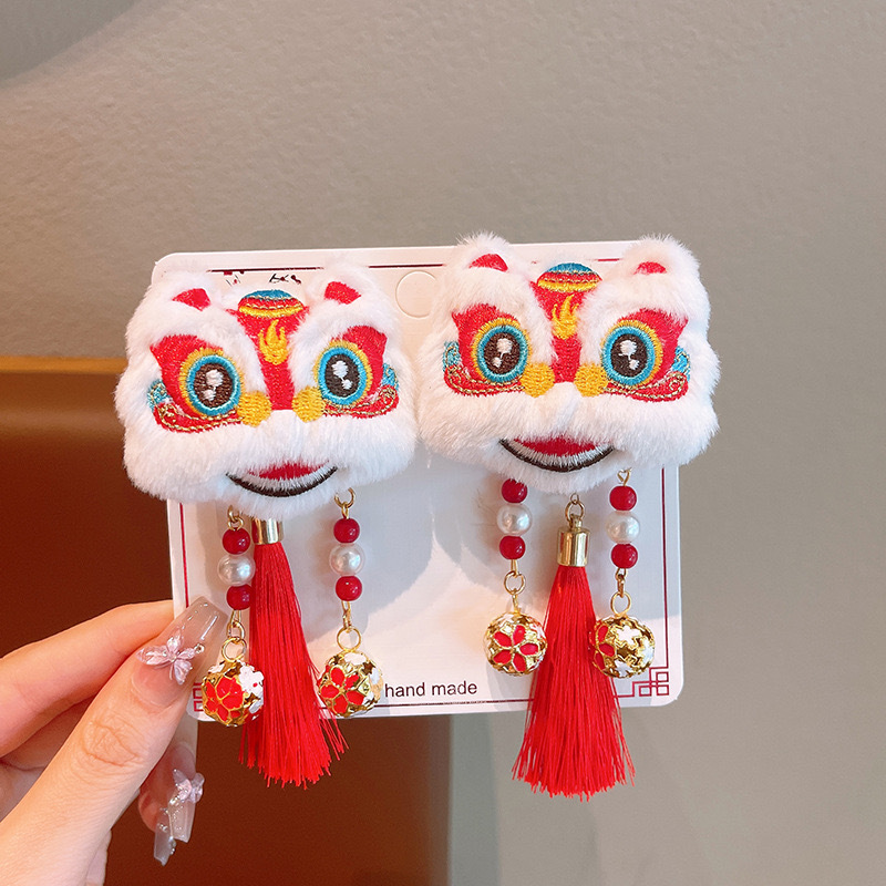2025 Año Nuevo de peluche despierta león clips de Año Nuevo niñas clips de cabello bebé estilo chino Hanfu clips de cabello adornamiento