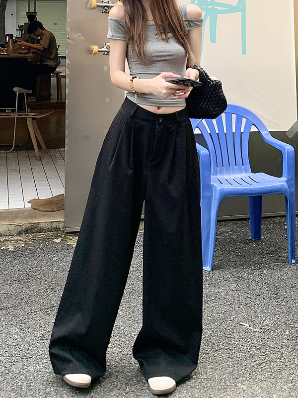 2025新品垂感高腰黑色休闲裤女夏季显瘦宽松阔腿裤卡其色长裤子潮|undefined