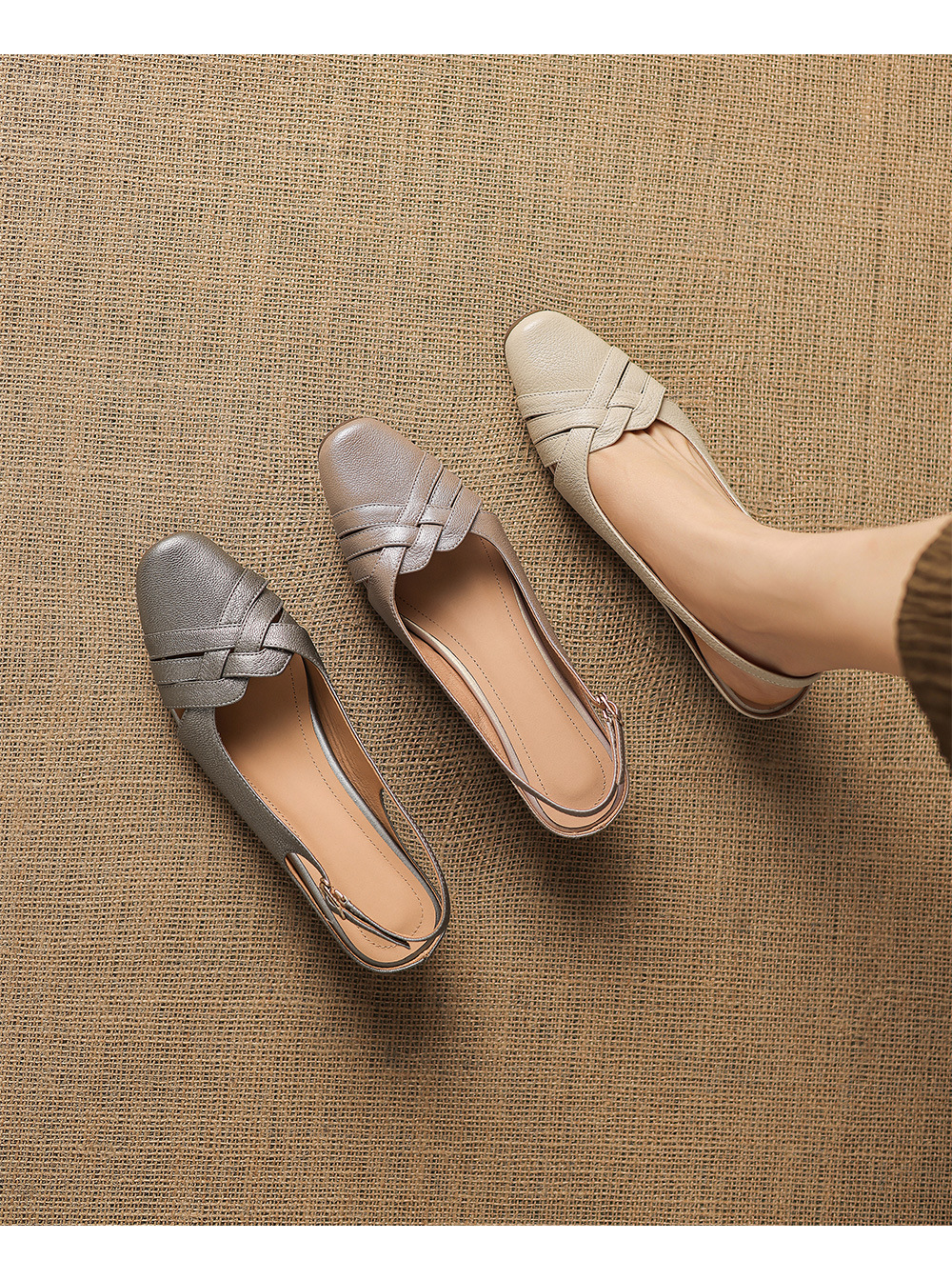 Sandal nữ mũi nhọn quai dệt gót thô 3.5 cm da cừu — Champagne màu chi tiết 6