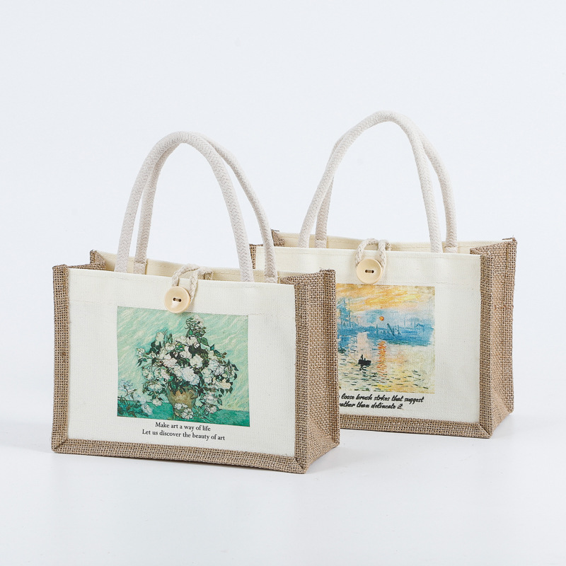 亚麻手提袋定 做学生拎书纽扣麻布袋女时尚外出上班族饭盒帆布包